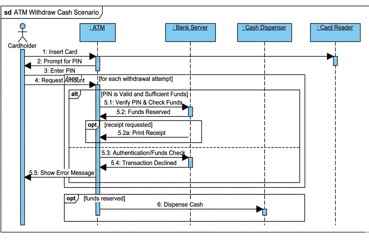 Étude de cas du diagramme de séquence UML : Scénario de retrait de cash par un distributeur automatique Étude de cas du diagramme de séquence UML : Scénario de retrait de cash par un distributeur automatique