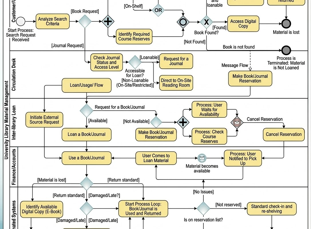 BPMN 完整指南：大學圖書館資料管理系統