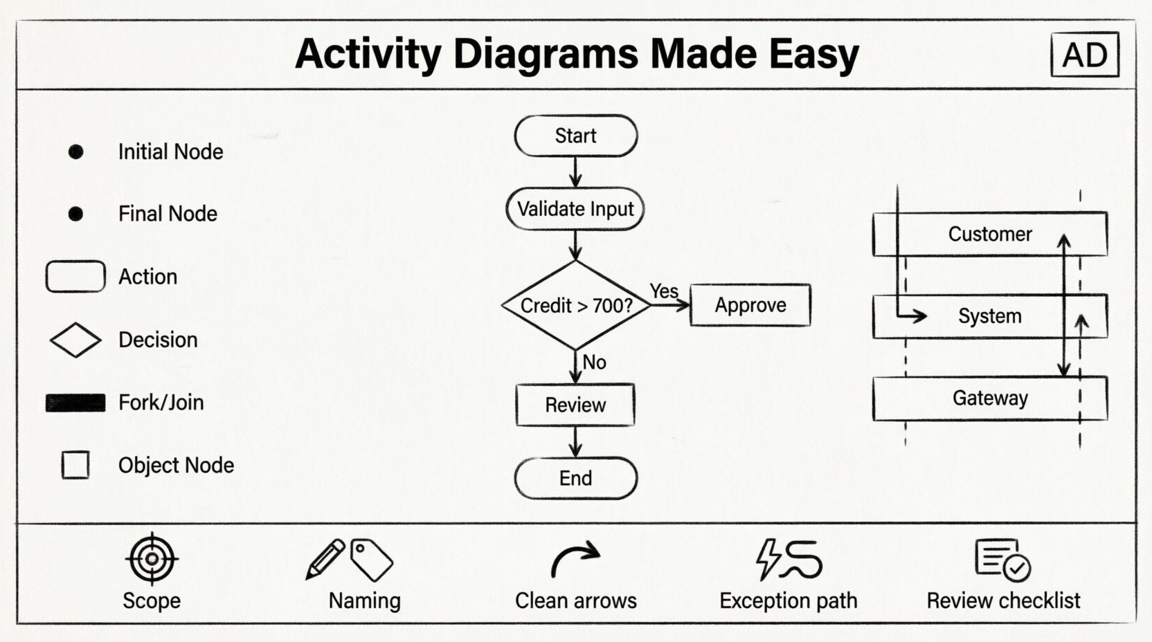 Line art infographic summarizing UML Activity Diagrams: shows core elements (initial/final nodes, actions, decisions, fork/join bars), a sample workflow with decision branching, swimlane organization concept, and five best practices for modeling workflows and decision points in software system design