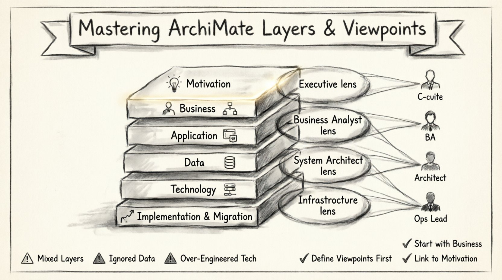 Charcoal contour sketch infographic illustrating ArchiMate enterprise architecture framework: six layered stack (Motivation, Business, Application, Data, Technology, Implementation & Migration) with viewpoint lenses filtering layers for different stakeholders (Executive Leadership, Business Analysts, System Architects, Infrastructure Teams), plus visual icons for common modeling pitfalls and best practices to master architecture clarity without confusion