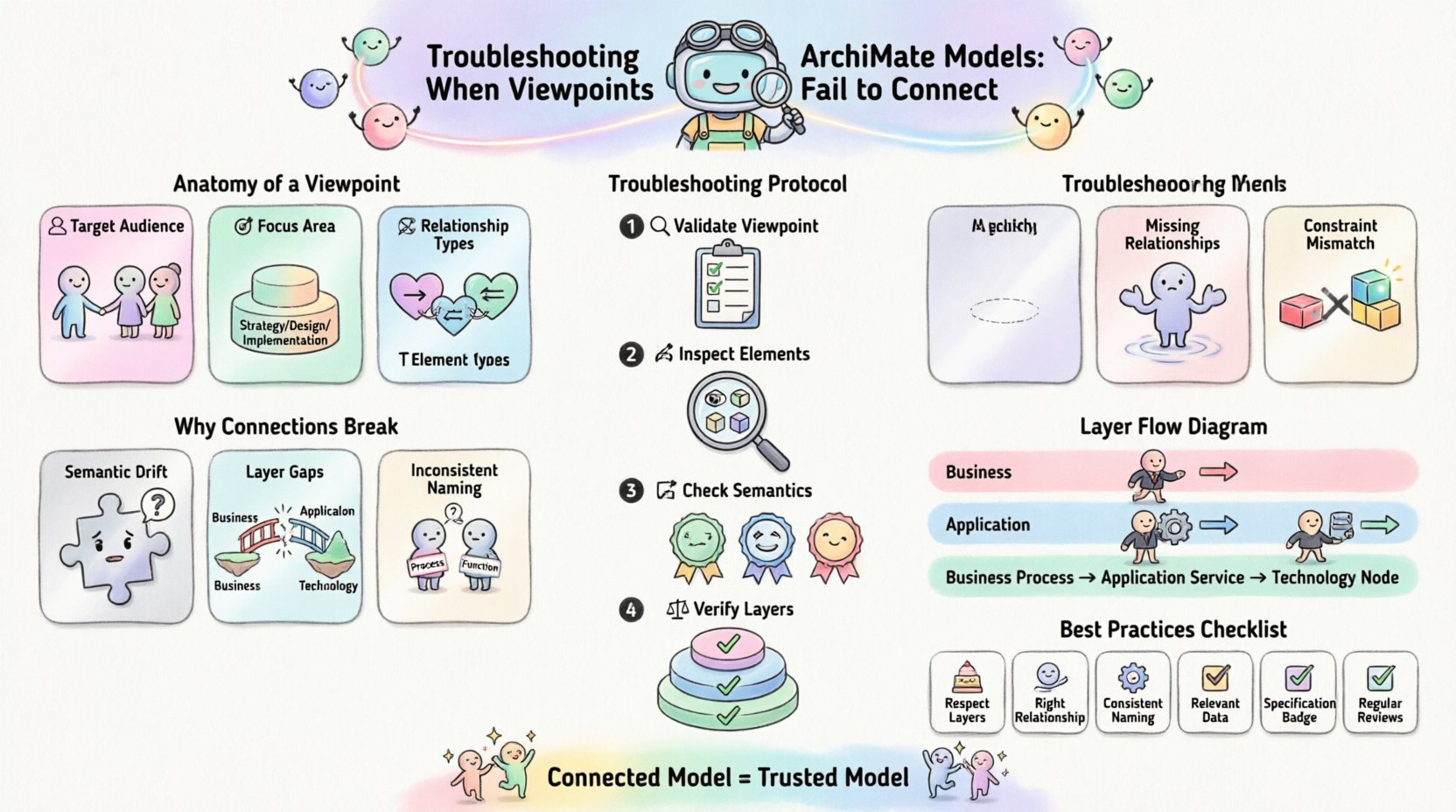 Kawaii cute vector infographic illustrating ArchiMate model troubleshooting guide with pastel-colored layers, rounded icons for common connection failures like semantic drift and layer gaps, step-by-step protocol for fixing disconnected viewpoints, and best practices checklist for enterprise architecture stakeholders