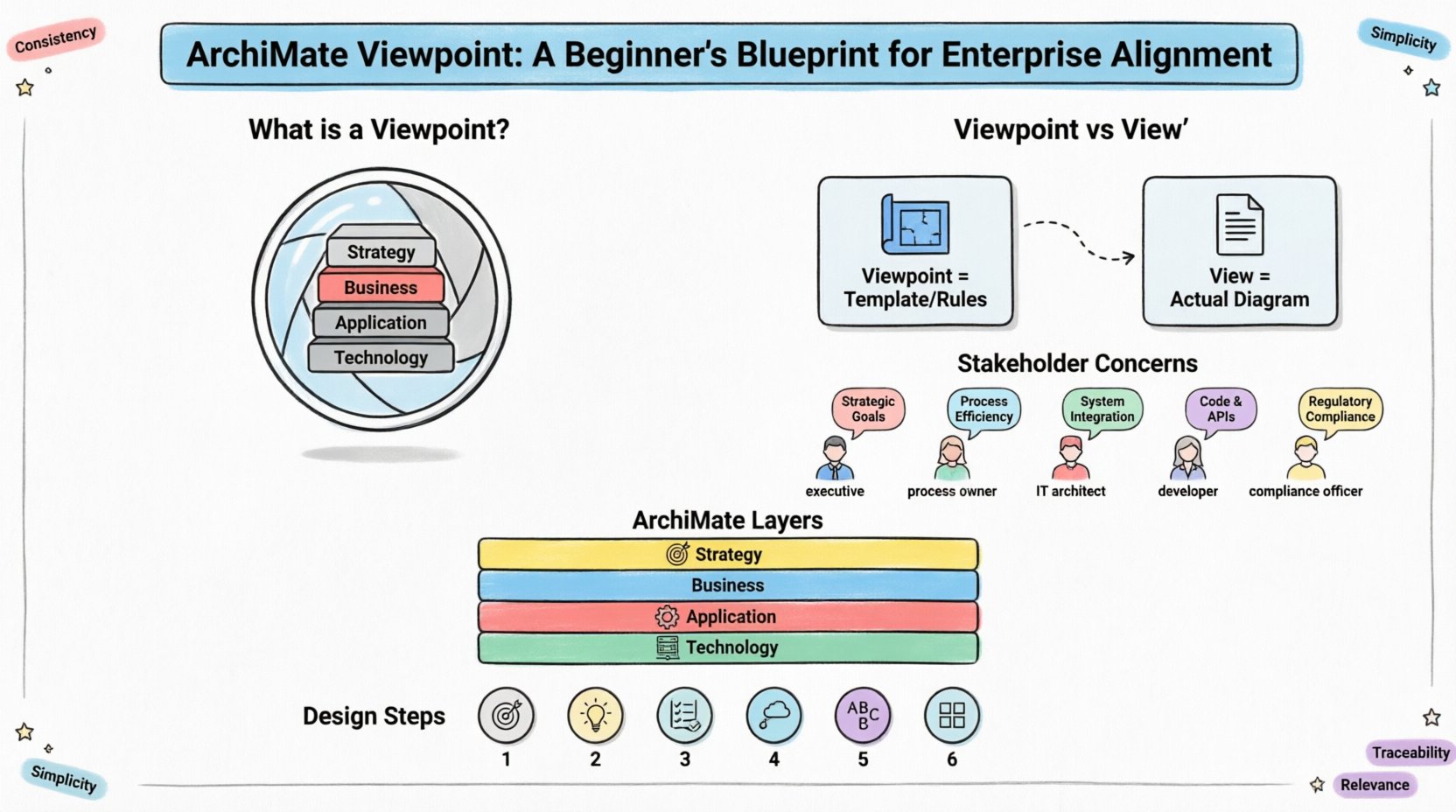 Infographic explaining ArchiMate Viewpoints for enterprise architecture beginners: visualizes viewpoint as a filtering lens over layered architecture, compares viewpoint (template) vs view (output), displays 5 stakeholder groups with their concerns, illustrates 4 ArchiMate layers (Strategy, Business, Application, Technology), and outlines a 6-step design process, all in clean flat design with black outlines, pastel accent colors, rounded shapes, and ample white space for student-friendly social media sharing