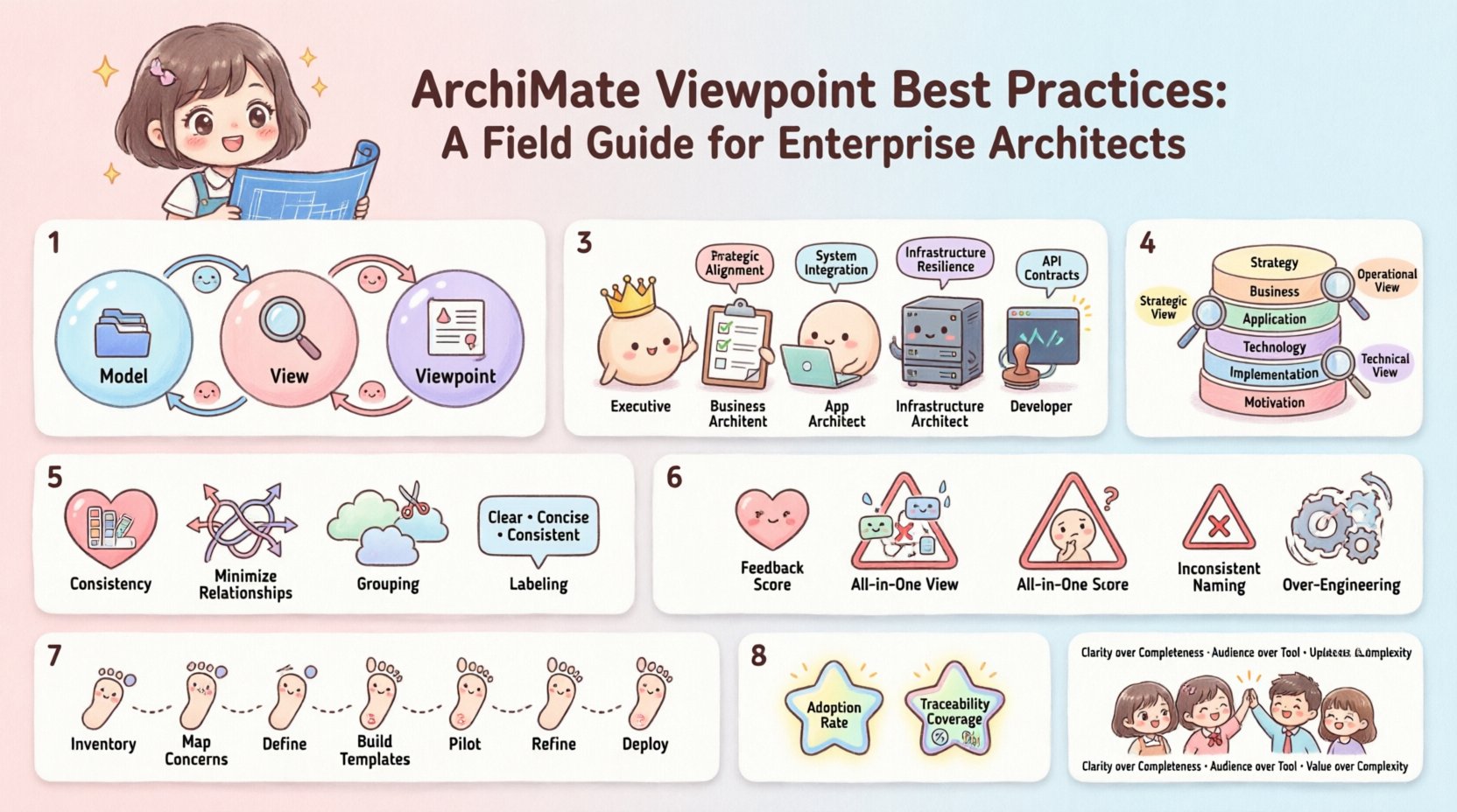 Kawaii-style infographic illustrating ArchiMate Viewpoint Best Practices for Enterprise Architects, featuring core concepts (Model-View-Viewpoint), stakeholder personas, layered architecture with zoom strategy, design principles, common pitfalls, 7-step implementation roadmap, and success metrics in pastel colors with cute characters and icons