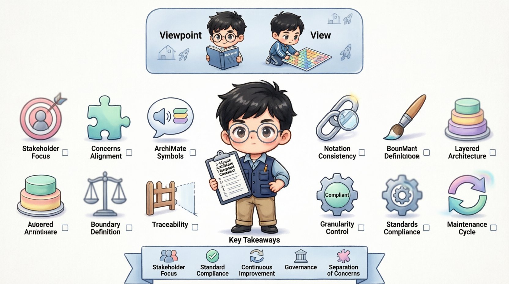 Chibi-style infographic illustrating the 5-Minute ArchiMate Viewpoint Checklist for Senior Architects, featuring a cute architect character with 10 numbered validation steps including stakeholder identification, concern mapping, language selection, layer definition, notation rules, scope boundaries, traceability, granularity, compliance, and maintenance, plus View vs Viewpoint comparison and key takeaways for enterprise architecture governance