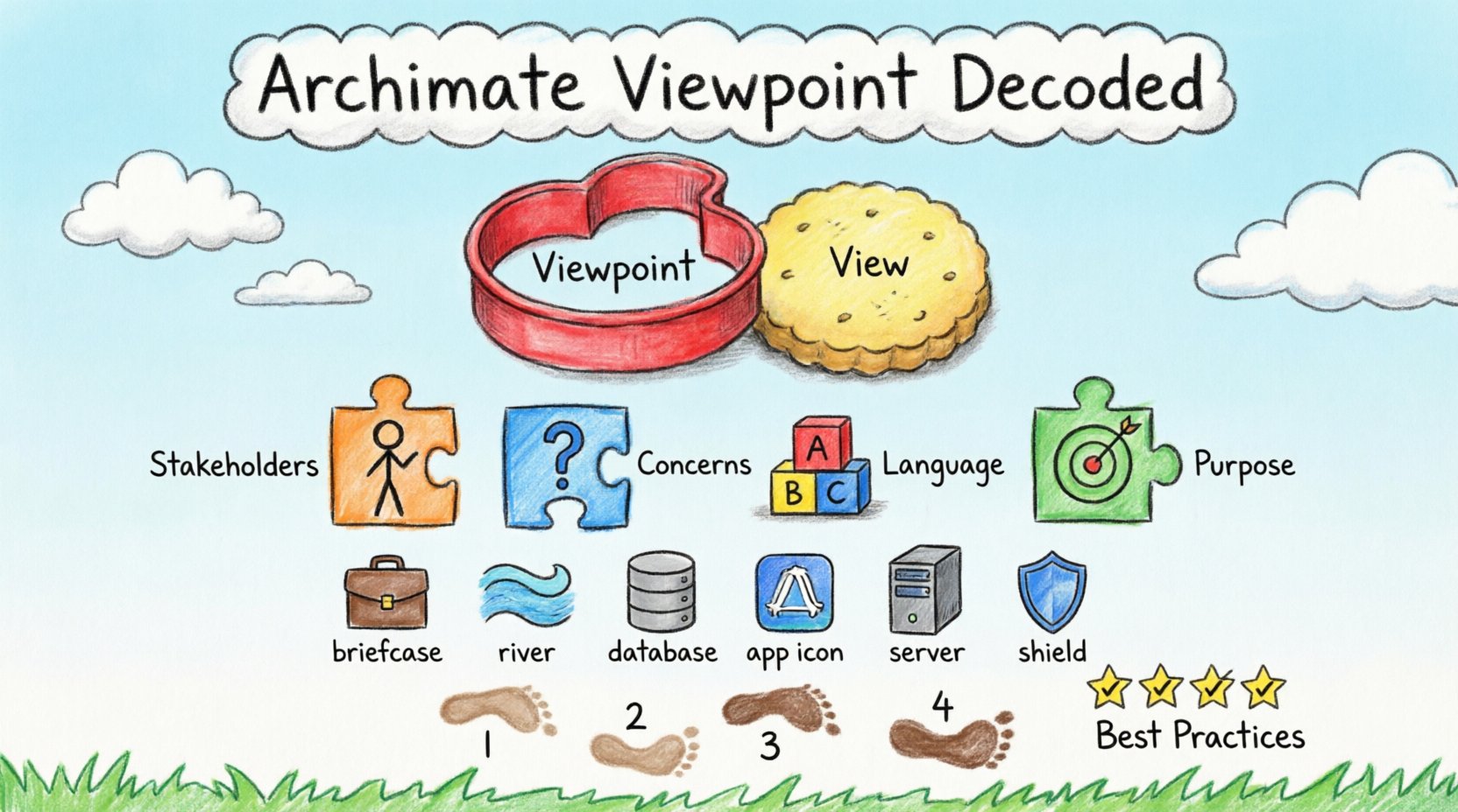 Child's crayon drawing infographic explaining ArchiMate Viewpoints for enterprise architecture: Viewpoint vs View comparison, four components (Stakeholders, Concerns, Language, Purpose), standard viewpoint types, design steps, and best practices in playful colorful hand-drawn style