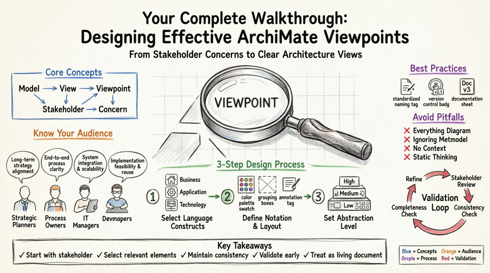 Hand-drawn whiteboard infographic illustrating the complete process of designing effective ArchiMate viewpoints: featuring core concepts (model, view, viewpoint, stakeholder, concern), stakeholder analysis framework, 3-step design process (select constructs, define notation, set abstraction), common viewpoint categories, best practices checklist, pitfalls to avoid, validation workflow, and key takeaways for enterprise architects