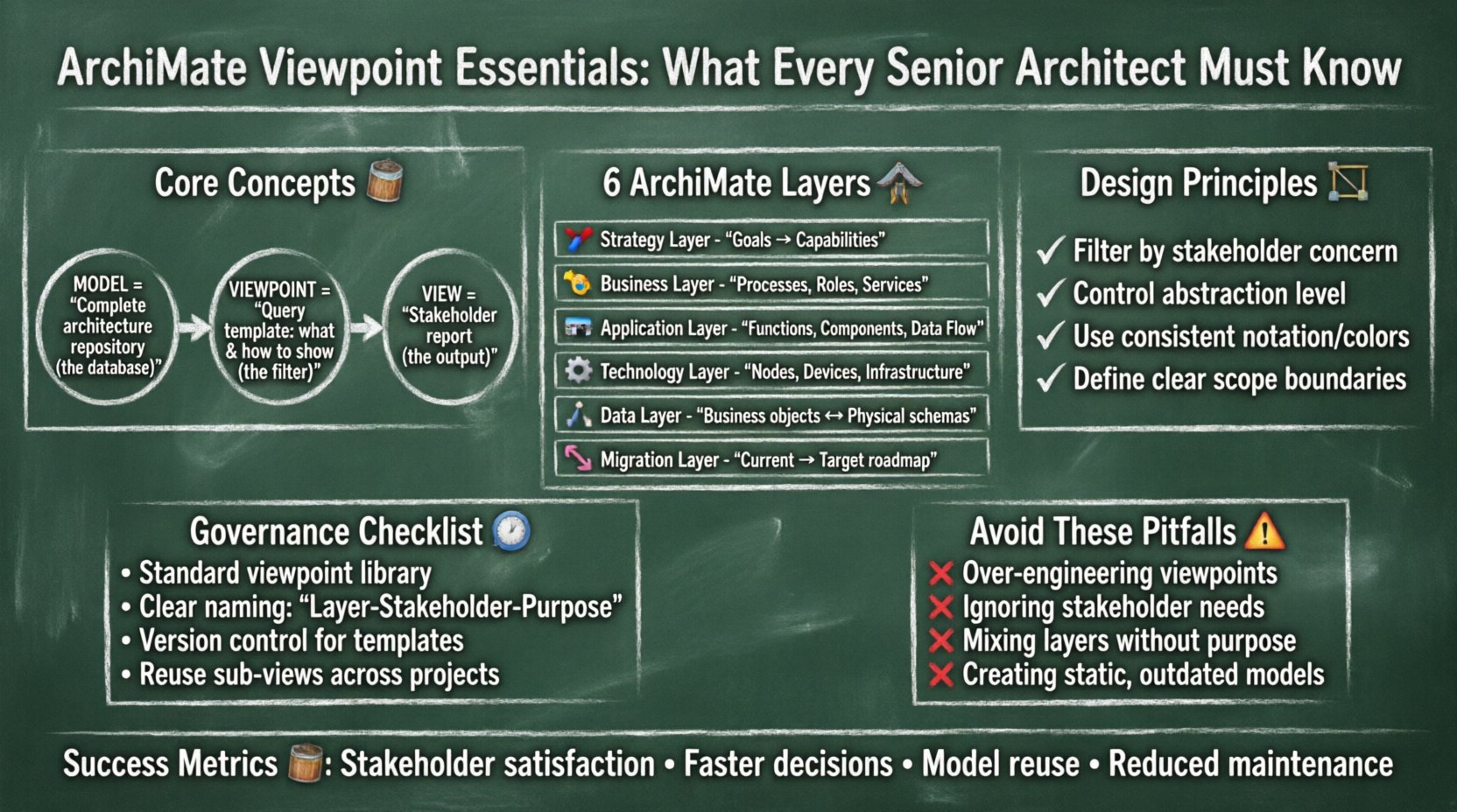 Chalkboard-style infographic explaining ArchiMate Viewpoint essentials for senior architects: illustrates the Model-Viewpoint-View relationship, six ArchiMate layers (Strategy, Business, Application, Technology, Data, Migration), four design principles for clarity, governance checklist, common pitfalls to avoid, and success metrics for effective enterprise architecture communication