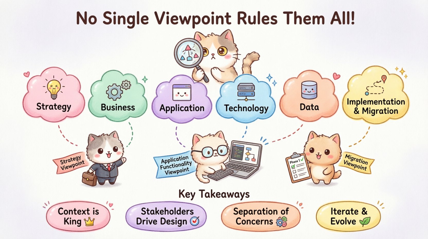 A kawaii-style infographic debunking the ArchiMate universal viewpoint myth, featuring a cute cat mascot, six pastel-colored layers (Strategy, Business, Application, Technology, Data, Implementation & Migration) with icons, stakeholder characters matched to their ideal viewpoints, and four key takeaways in rounded bubbles, all in simplified vector art with soft pastel colors and rounded edges.