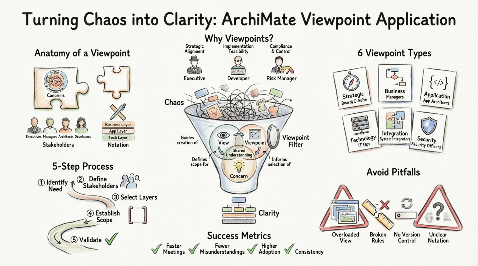Hand-drawn infographic illustrating ArchiMate Viewpoint application: shows transformation from chaotic enterprise architecture to clear, stakeholder-focused views through viewpoint filtering; features anatomy of viewpoints (concerns, stakeholders, notation), six viewpoint types (strategic, business, application, technology, integration, security), five-step implementation process, common pitfalls to avoid, and success metrics for enterprise architecture communication