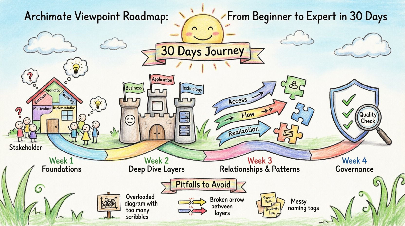 Child-style hand-drawn infographic illustrating a 30-day ArchiMate Viewpoint learning roadmap with four weekly milestones: Week 1 Foundations covering viewpoint vs view concepts and five architecture layers (Business, Application, Technology, Motivation, Implementation), Week 2 Deep Dive into layer constructs with icons for processes, components, and nodes, Week 3 Relationships and Patterns showing colorful arrows for Access, Flow, Realization connections, Week 4 Governance with validation checkmarks and quality shields, plus visual warnings for common pitfalls like overloaded diagrams and mixed layers, all rendered in playful crayon and marker style with bright colors, winding path layout, and bubbly handwritten English text for enterprise architecture education