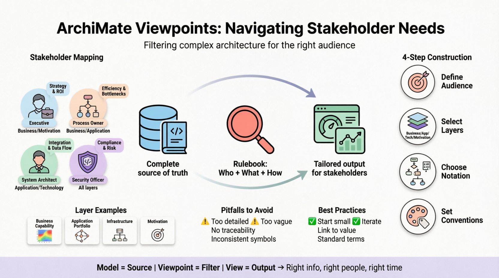 ArchiMate Viewpoints infographic: Simple flat design showing how enterprise architecture models are filtered through viewpoints to create tailored views for different stakeholders including executives, process owners, developers, and security officers. Features the Model-Viewpoint-View relationship diagram, 4-step viewpoint construction process (define audience, select layers, choose notation, set conventions), ArchiMate layer examples, common pitfalls to avoid, and best practices for stakeholder alignment. Clean pastel color scheme with rounded icons and ample white space for educational and social media use.