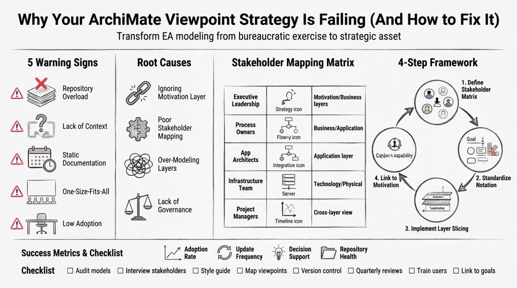 Line art infographic illustrating ArchiMate viewpoint strategy framework: five warning signs of failing EA modeling, four root causes, stakeholder-to-model mapping matrix, four-step solution framework, and success metrics for enterprise architecture practitioners