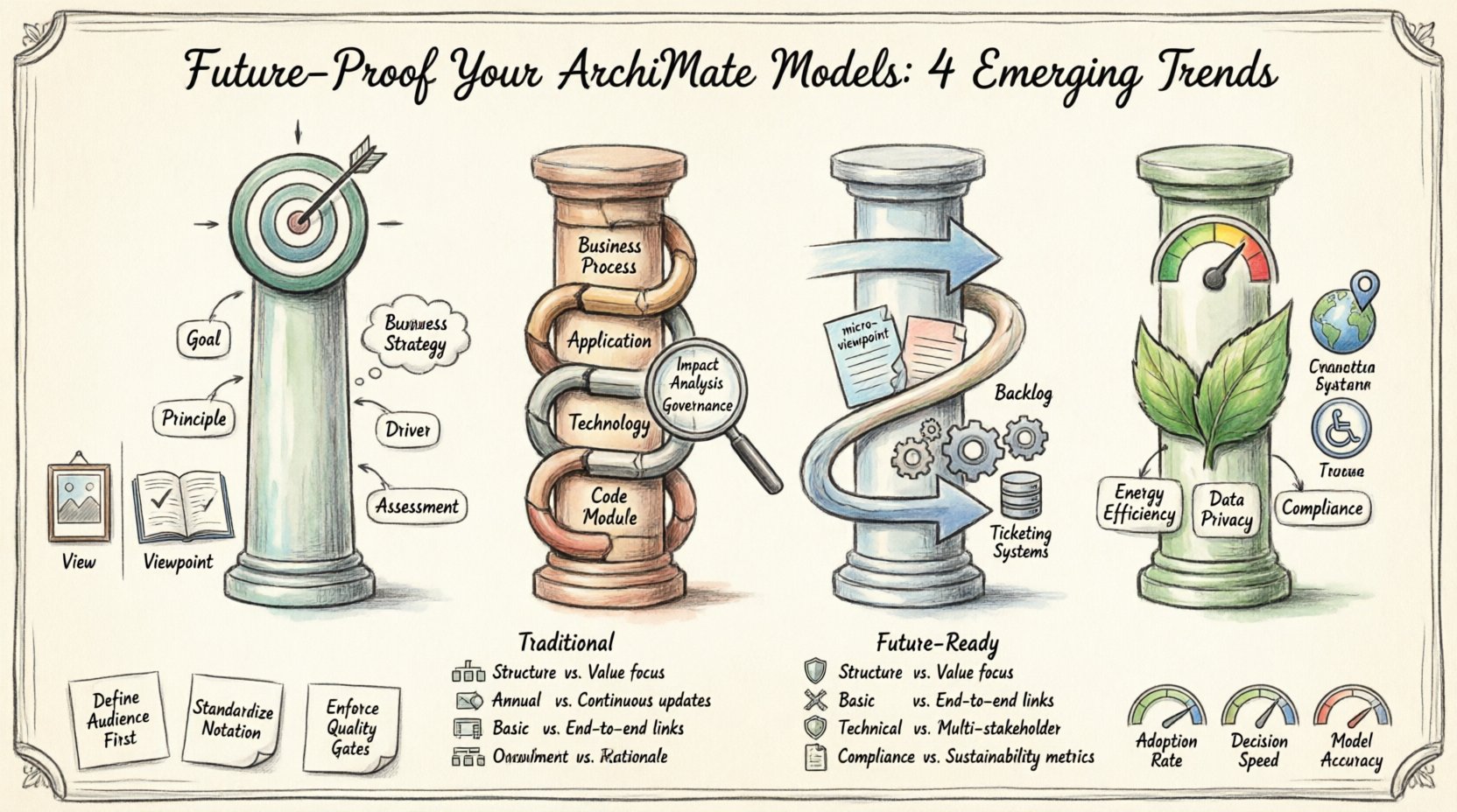 Hand-drawn infographic illustrating four emerging trends in ArchiMate Viewpoint usage for future-proofing enterprise architecture models: Motivation Layer integration with goals and drivers, end-to-end traceability linking business to technology layers, Agile/DevOps alignment with micro-viewpoints and value streams, and Sustainability/ESG integration with energy and compliance metrics. Includes View vs. Viewpoint explanation, traditional vs. future-ready comparison table, and implementation strategies with success metrics.