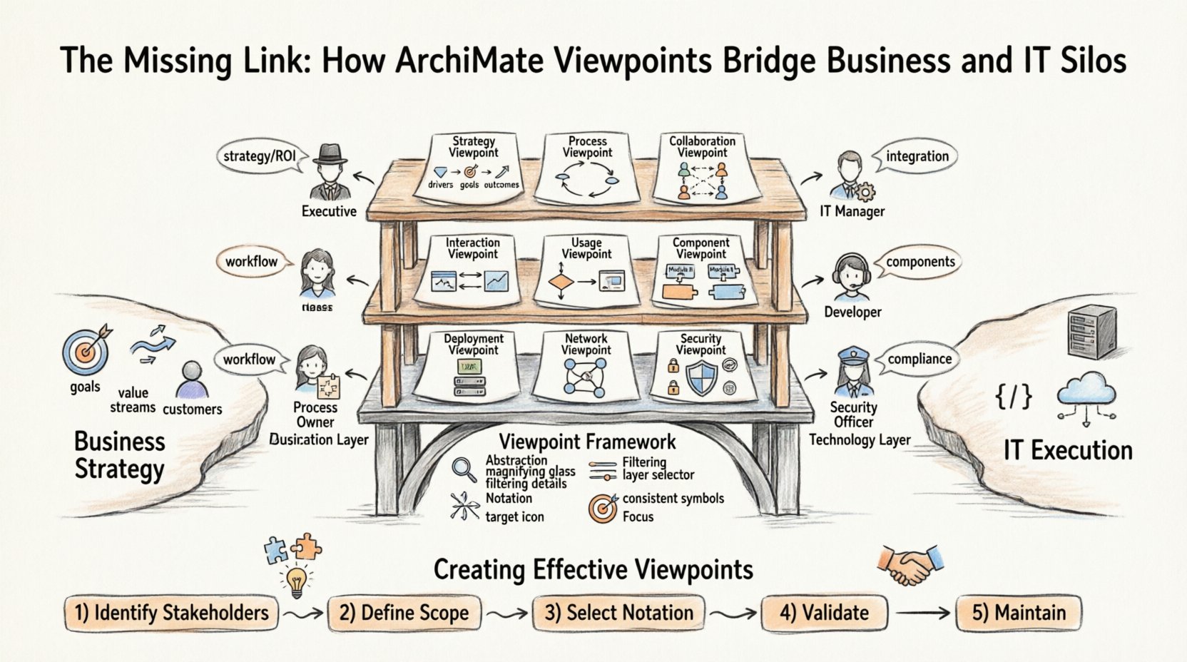 Hand-drawn infographic illustrating how ArchiMate Viewpoints bridge business and IT silos through stakeholder-specific architecture views across Business, Application, and Technology layers, featuring viewpoint examples for executives, process owners, IT managers, developers, and security officers, with a central bridge metaphor connecting strategy to technical execution