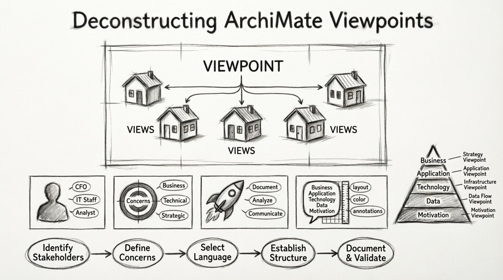 Charcoal contour sketch infographic deconstructing ArchiMate Viewpoints: shows viewpoint vs view distinction (blueprint-to-house metaphor), five core components (User, Concern, Purpose, Language, Model) with icons, 5-step construction workflow, and layer-specific viewpoint types for Business/Application/Technology/Data/Motivation layers in enterprise architecture