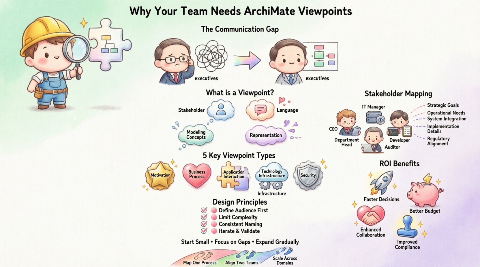Kawaii-style infographic explaining ArchiMate Viewpoints for enterprise architecture communication, featuring stakeholder mapping, five key viewpoint types (Motivation, Business Process, Application Interaction, Technology Infrastructure, Security), design principles, and ROI benefits with cute pastel icons and friendly character illustrations