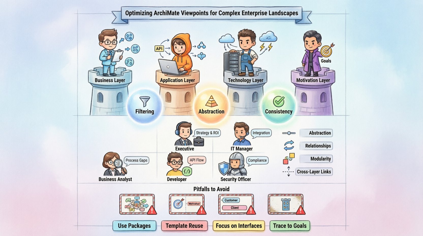 Chibi-style infographic illustrating ArchiMate viewpoint optimization for enterprise architecture, showing four architecture layers (Business, Application, Technology, Motivation), stakeholder mapping, design principles (filtering, abstraction, consistency), common pitfalls to avoid, and optimization strategies for complex enterprise landscapes