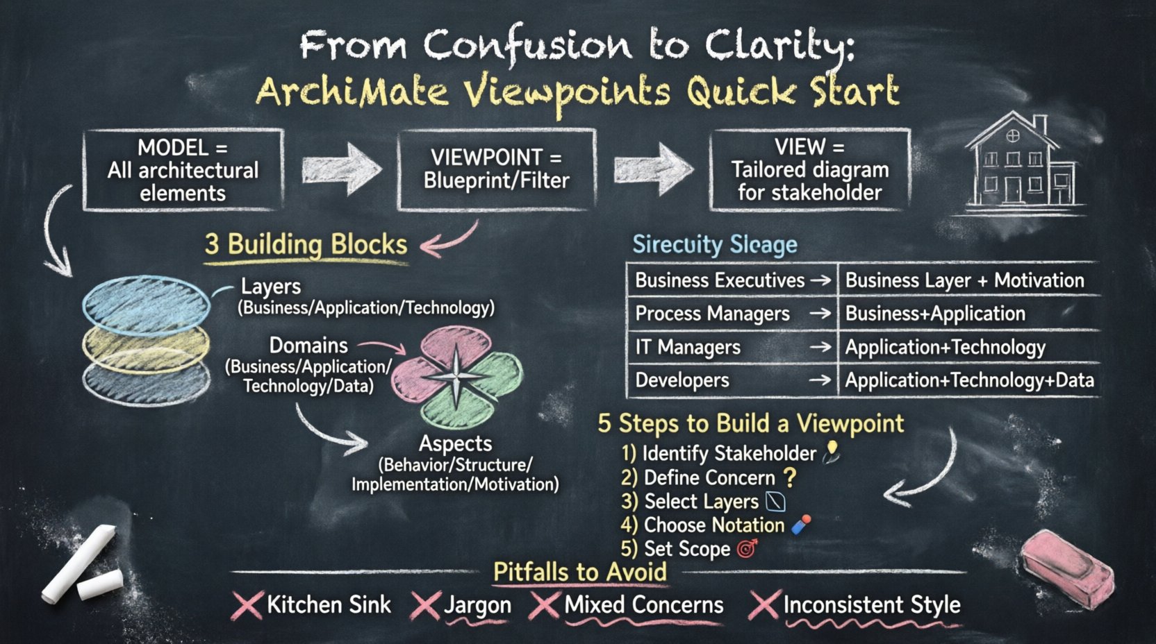 A chalkboard-style educational infographic titled 'From Confusion to Clarity: ArchiMate Viewpoints Quick Start' showing the Model-View-Viewpoint relationship with a house blueprint analogy, the three building blocks (Layers: Business/Application/Technology, Domains: Business/Application/Technology/Data, Aspects: Behavior/Structure/Implementation/Motivation), a stakeholder mapping table linking Business Executives, Process Managers, IT Managers, and Developers to recommended architecture layers, and a 5-step checklist for constructing viewpoints (Identify Stakeholder, Define Concern, Select Layers, Choose Notation, Set Scope), plus common pitfalls to avoid, all rendered in hand-written chalk aesthetic on dark slate background for intuitive enterprise architecture communication.