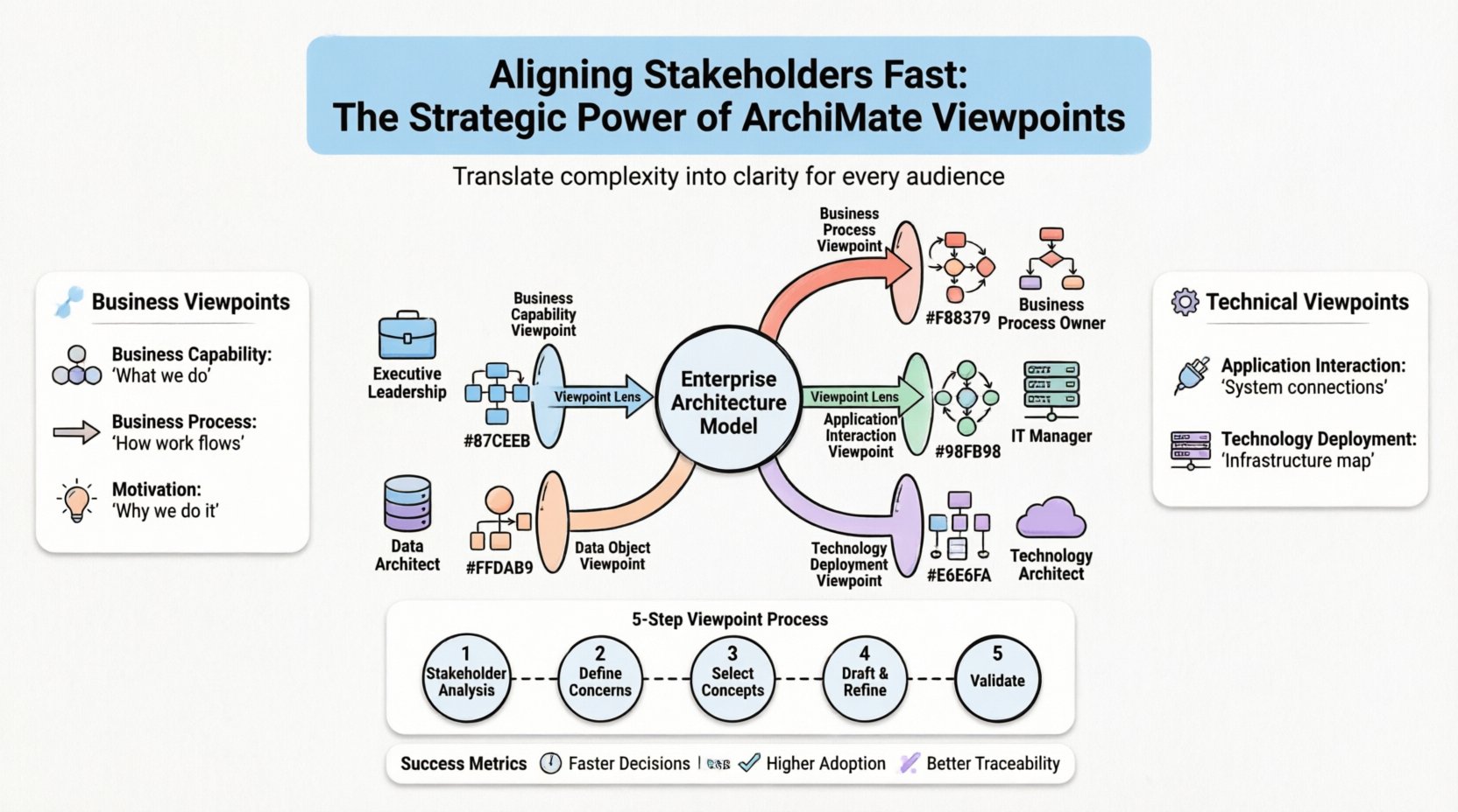Infographic: Aligning Stakeholders Fast with ArchiMate Viewpoints. Central diagram shows Enterprise Architecture Model filtered through five viewpoint lenses to different stakeholders: Executive Leadership (Business Capability), Business Process Owners (Process Flow), IT Managers (Application Interaction), Technology Architects (Deployment), and Data Architects (Data Objects). Left panel highlights business viewpoints (Capability, Process, Motivation); right panel shows technical viewpoints (Application Interaction, Technology Deployment). Bottom section illustrates the 5-step viewpoint development process and key success metrics: faster decisions, less rework, higher adoption, better traceability. Clean flat design with black-outlined icons, rounded shapes, and pastel accent colors on white background for student-friendly, social media optimized visual communication.