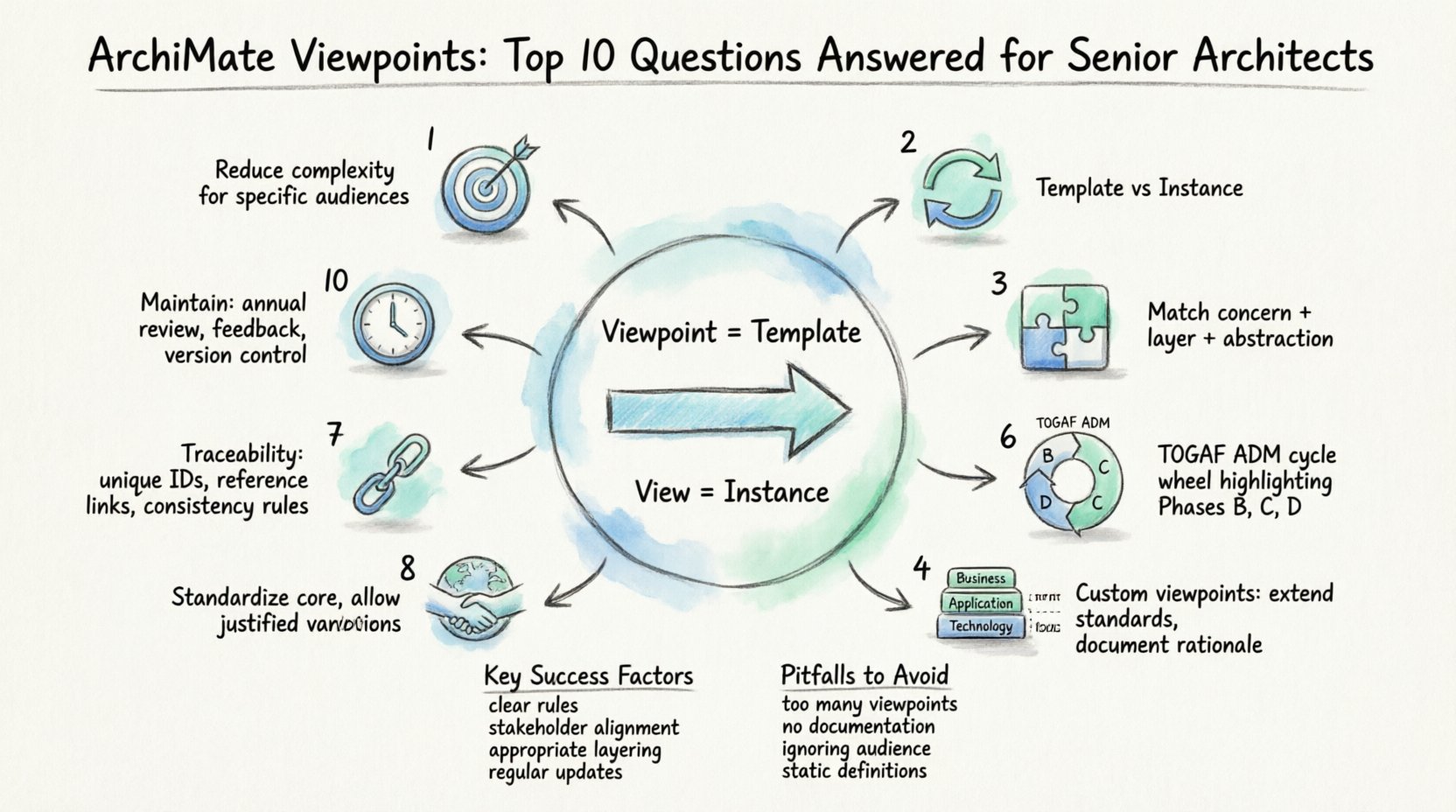 Hand-drawn infographic answering the top 10 questions senior architects ask about ArchiMate viewpoints, illustrating the difference between viewpoints (templates) and views (instances), stakeholder alignment strategies, ArchiMate layering approaches (Business/Application/Technology), TOGAF ADM integration points, traceability best practices, standardization guidelines, cross-standard integration with BPMN/UML/SysML, and maintenance workflows for enterprise architecture documentation