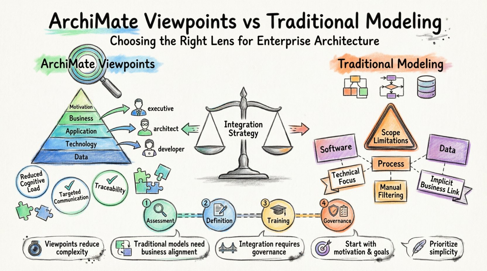 Marker-style infographic comparing ArchiMate Viewpoints and Traditional Modeling approaches in Enterprise Architecture, illustrating differences in focus, scope, audience, abstraction, and business alignment, with a four-phase implementation roadmap and key takeaways for architects and stakeholders