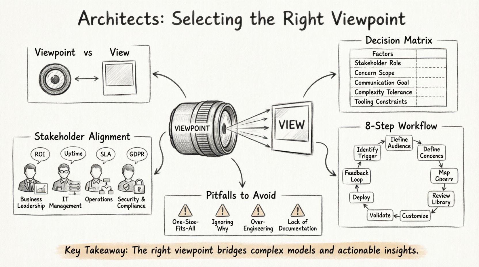 Sketch-style infographic titled 'Architects: Selecting the Right Viewpoint' illustrating the definitive guide to viewpoint selection in enterprise architecture using ArhiMate. Central visual shows a camera lens labeled 'VIEWPOINT' focusing light onto a photograph labeled 'VIEW', demonstrating the lens-vs-photo analogy. Five connected sections display: (1) Viewpoint vs View distinction with iconography; (2) Decision Matrix table with five selection factors: Stakeholder Role, Concern Scope, Communication Goal, Complexity Tolerance, and Tooling Constraints; (3) Stakeholder Alignment mapping four personas—Business Leadership, IT Management, Operations, Security & Compliance—with their respective concerns; (4) Eight-step adoption workflow in circular flowchart: Identify Trigger, Define Audience, Map Concerns, Review Library, Customize, Validate, Deploy, Feedback Loop; (5) Four common pitfalls with warning icons: One-Size-Fits-All Trap, Ignoring the Why, Over-Engineering the Model, Lack of Documentation. Bottom banner emphasizes key takeaway: 'The right viewpoint bridges complex models and actionable business insights.' Hand-drawn sketch style with clean line art, subtle shading, and professional layout in 16:9 aspect ratio.