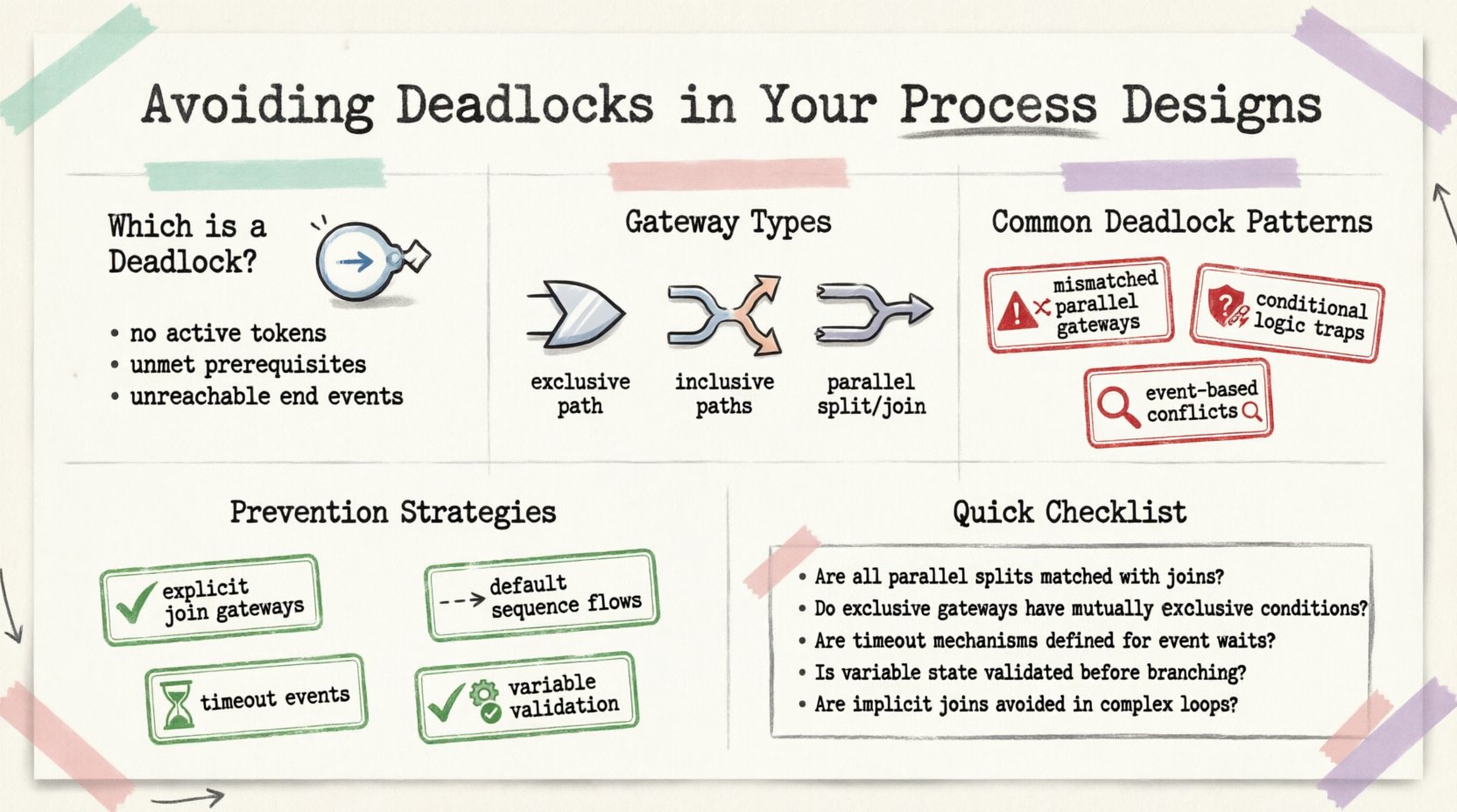 Infographic: Avoiding Deadlocks in BPMN Process Designs - Visual guide covering deadlock definition, gateway types (XOR/OR/AND), common patterns causing blocking states, and prevention strategies including explicit joins, default flows, timeout events, and variable validation, presented in stamp and washi tape craft style