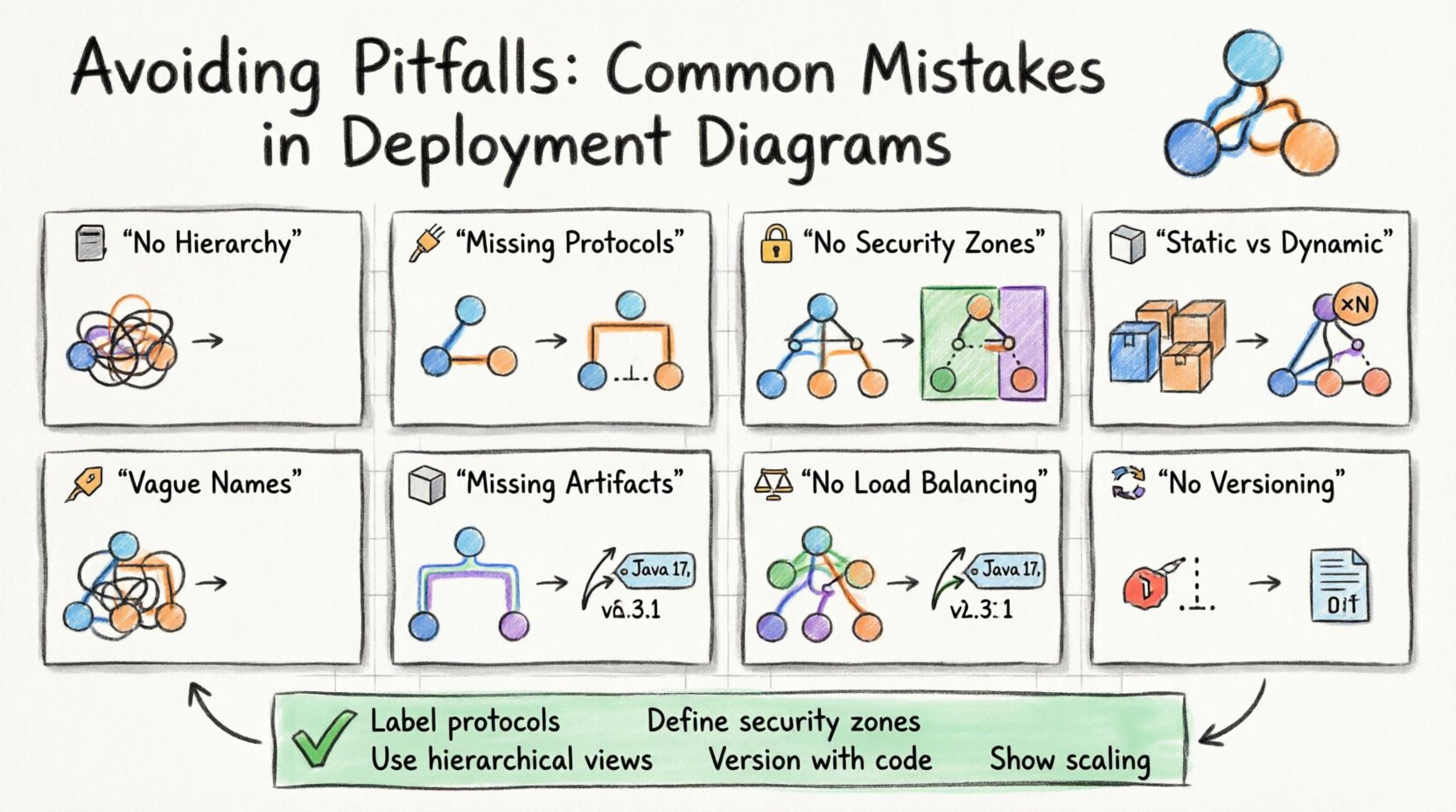 Marker-style infographic illustrating 8 common mistakes in deployment diagrams: lack of hierarchy, missing protocols, overlooked security boundaries, static vs dynamic confusion, ambiguous naming, missing artifacts, ignored scalability, and neglected versioning, with best practices checklist for accurate system architecture documentation