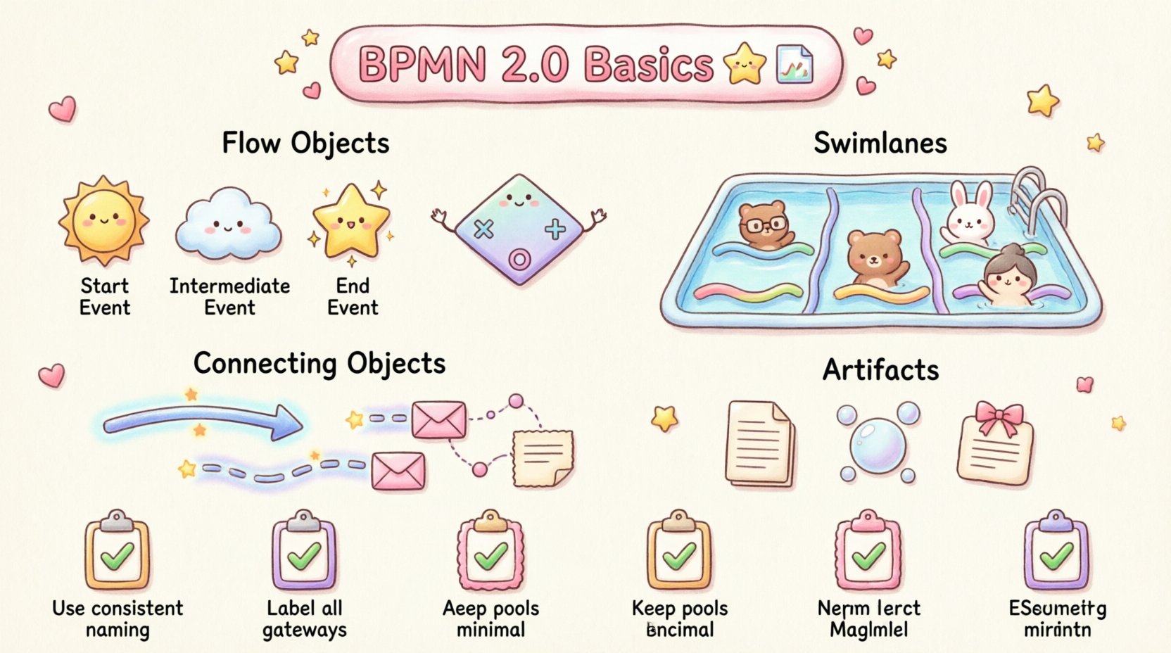 Kawaii-style infographic summarizing BPMN 2.0 fundamentals for business analysts, featuring cute illustrated flow objects (events as circles, activities as rounded rectangles, gateways as diamonds), swimlanes for responsibility mapping, sequence and message flow connectors, artifacts, and best practice tips in soft pastel colors with chibi character guides