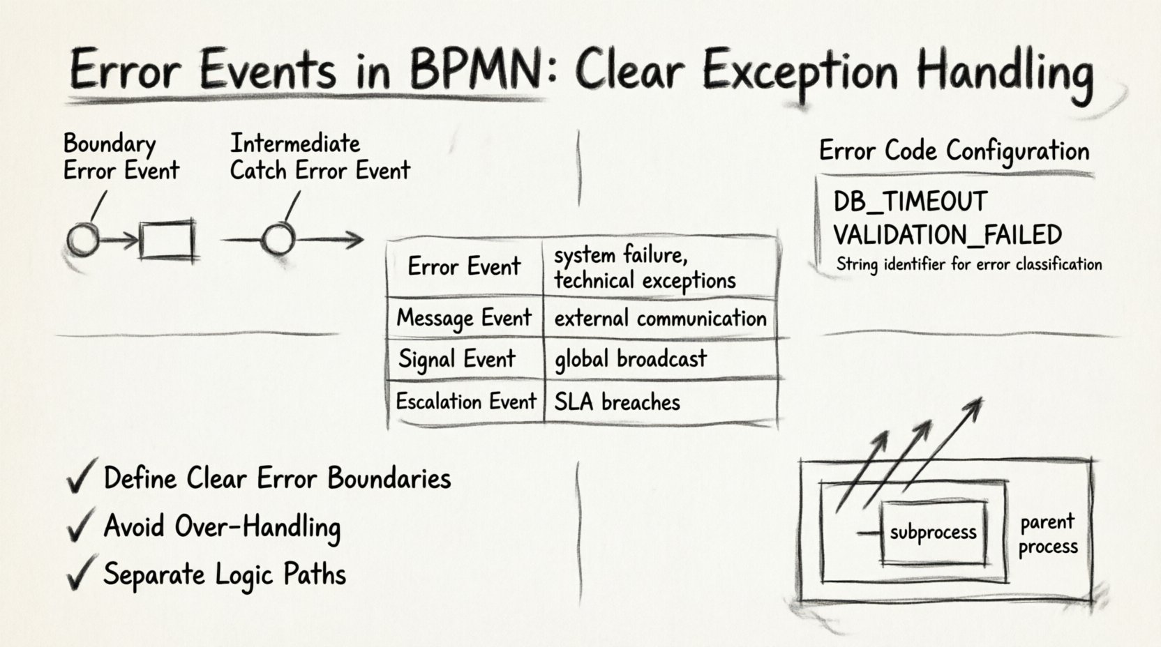 Charcoal sketch infographic illustrating BPMN error events for exception handling: shows boundary error events attached to tasks, intermediate catch events on sequence flows, error code configuration examples (DB_TIMEOUT, VALIDATION_FAILED), comparison table of Error/Message/Signal/Escalation events, best practices checklist for resilient workflow design, and error propagation diagram demonstrating bubbling from subprocess to parent process - all rendered in monochrome contour sketch style for technical documentation