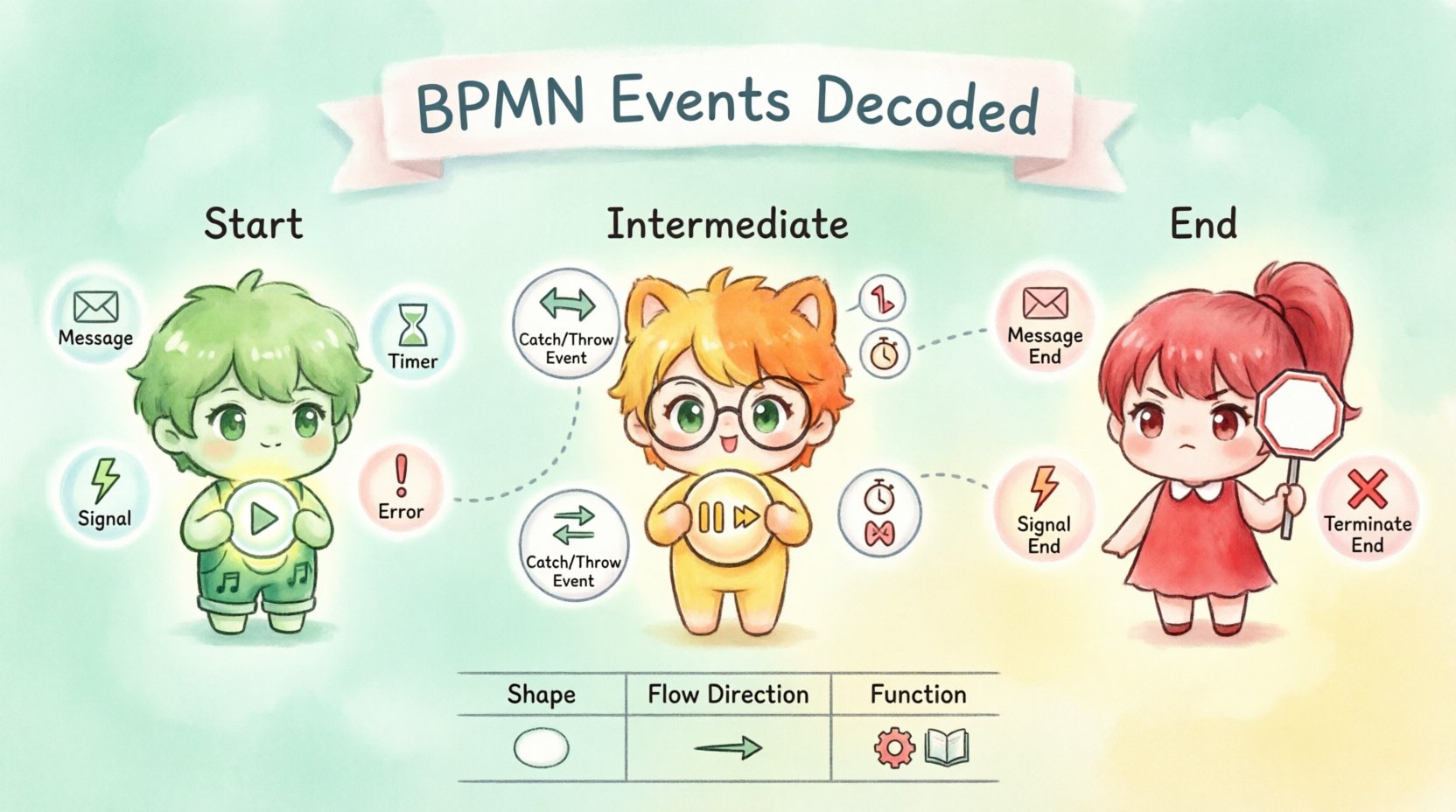 Chibi-style infographic explaining BPMN event types: green Start events (none, message, timer, signal, error), yellow Intermediate events (catching, throwing, boundary), and red End events (none, message, signal, error, terminate) with visual comparison table and best practices for workflow modeling