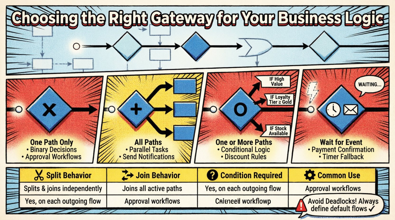 Comic book style infographic summarizing BPMN gateway types for business process modeling: Exclusive XOR gateway for binary decisions, Parallel AND gateway for simultaneous tasks, Inclusive OR gateway for conditional multi-path logic, and Event-Based gateway for external triggers, with visual token flow diagrams, comparison matrix, and best practices to avoid deadlocks in workflow design