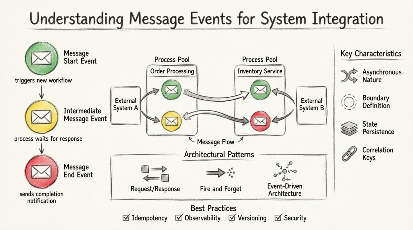 Charcoal sketch infographic illustrating BPMN message events for system integration: showing Message Start, Intermediate, and End events with asynchronous communication flows, correlation keys, architectural patterns (Request/Response, Fire-and-Forget, EDA), and best practices for robust workflow design