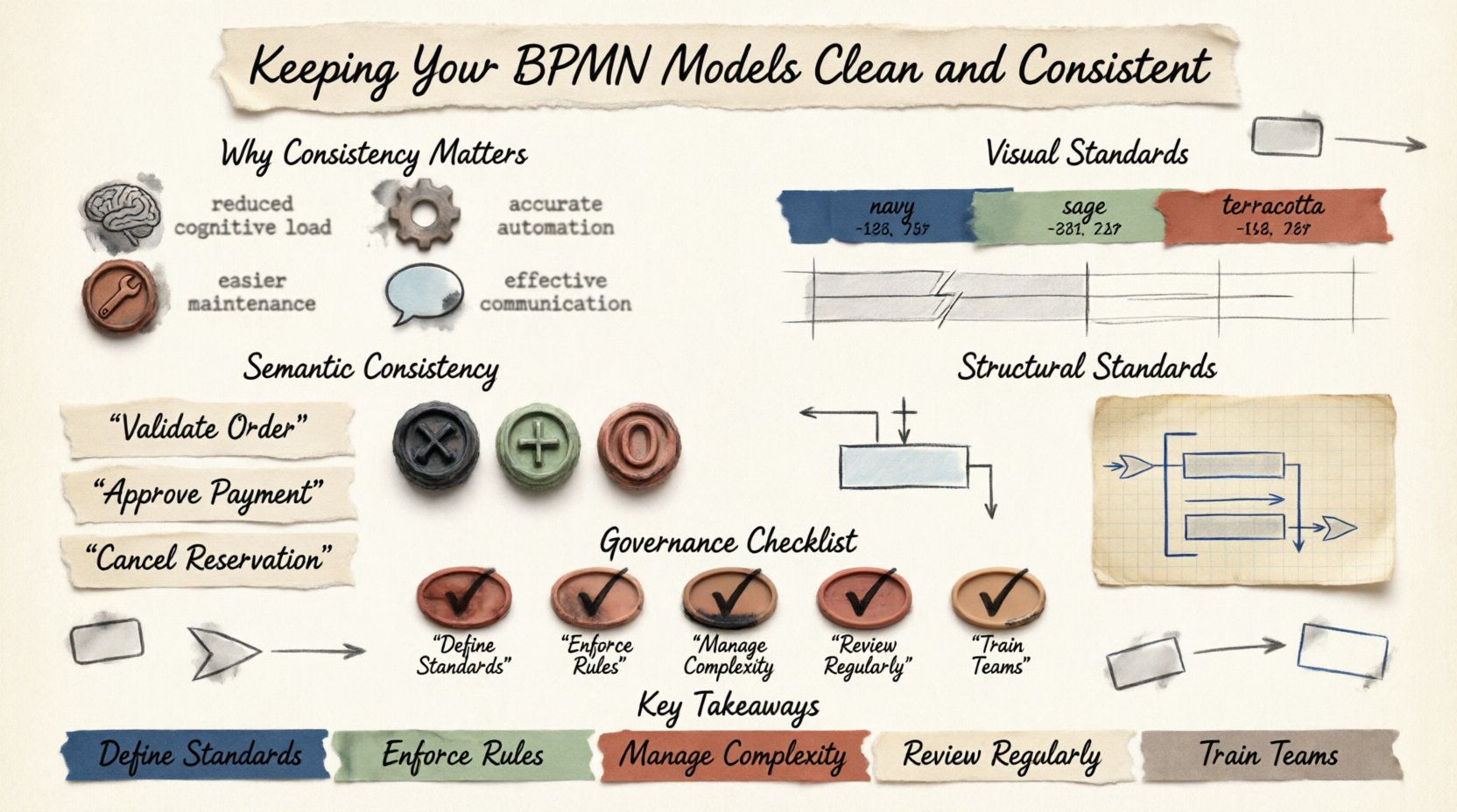 Infographic summarizing best practices for keeping BPMN models clean and consistent, featuring visual standards, semantic naming conventions, structural guidelines, and governance checklists in a decorative stamp and washi tape scrapbook style