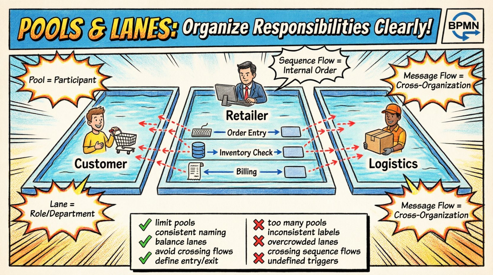 Comic book style infographic explaining BPMN pools and lanes for business process modeling, showing swimlane diagram with Customer, Retailer, and Logistics pools, role-based lanes for Order Entry Inventory Check and Billing, solid sequence flows within pools, dashed message flows between participants, plus best practices checklist and common modeling errors to avoid