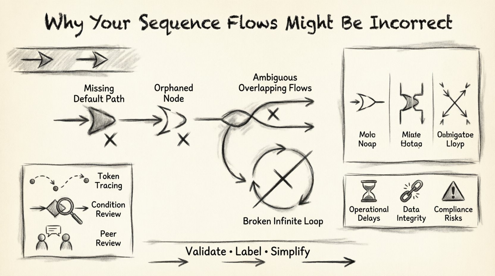 Charcoal contour sketch infographic illustrating common BPMN sequence flow errors: missing default paths on exclusive gateways, disconnected nodes, incorrect gateway connections, overlapping flows, and broken loops, plus validation strategies like token tracing and condition review for accurate business process modeling