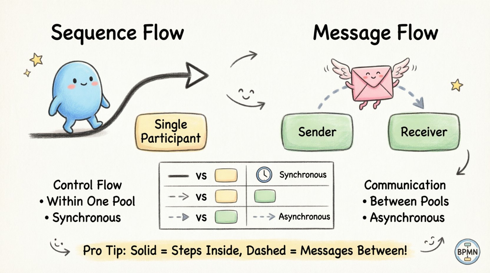 Whimsical infographic comparing BPMN Sequence Flow and Message Flow: solid line with open arrowhead shows control flow within a single pool (synchronous), dashed line with filled arrowhead shows communication between pools (asynchronous), with playful icons, comparison table, and pro tips for business process modeling clarity