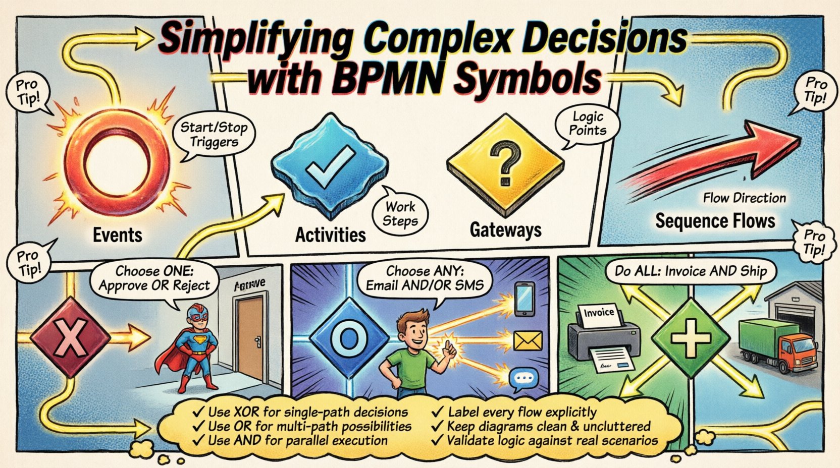 Comic book style infographic explaining BPMN symbols for simplifying complex business decisions, featuring Events circles, Activities rectangles, Gateway diamonds (XOR exclusive, OR inclusive, AND parallel), sequence flow arrows, gateway comparison panel, and best practices checklist with vibrant colors, bold outlines, and dynamic comic panel layout