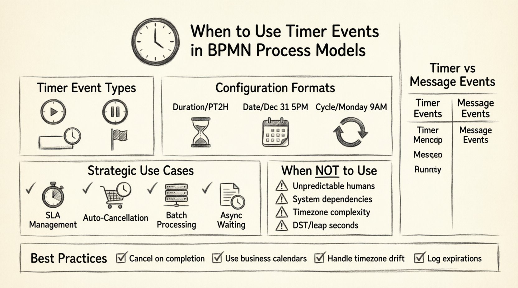Charcoal sketch infographic: When to Use Timer Events in BPMN Process Models - visual guide covering timer event types (start, intermediate, boundary, end), configuration formats (duration/PT2H, absolute date, recurring cycle), strategic use cases (SLA management, auto-cancellation, batch processing, async waiting), scenarios to avoid timers, best practices (cancel on completion, business calendars, timezone handling, logging), and Timer vs Message event comparison for business process automation