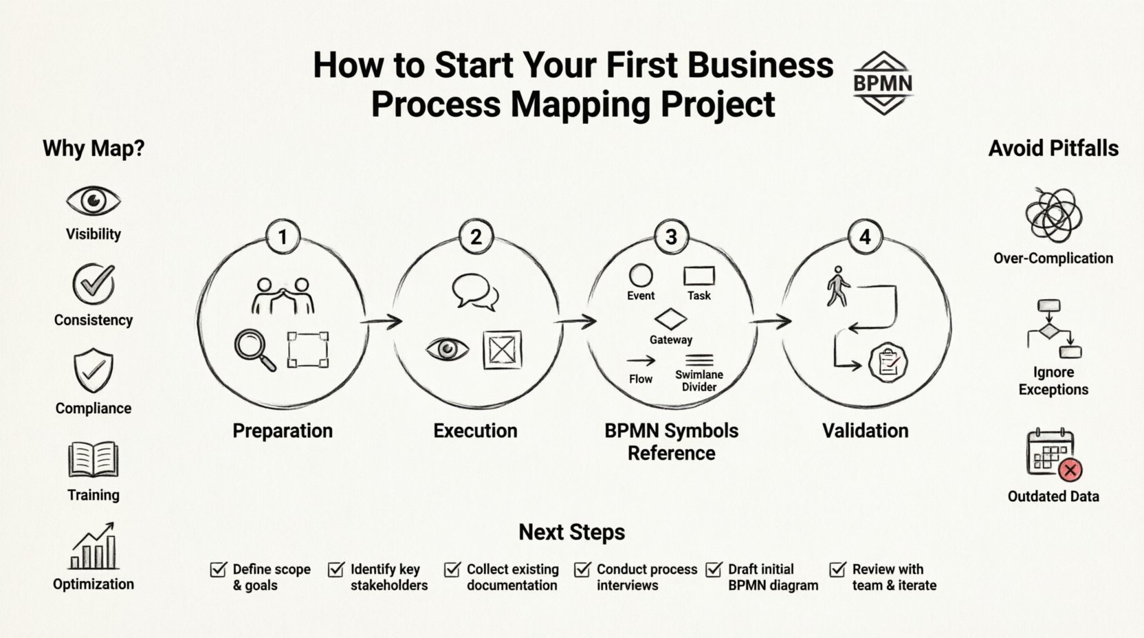 Line art infographic outlining the 4-phase approach to starting a business process mapping project using BPMN: preparation and scope definition, mapping execution with interviews, BPMN symbol reference guide, and validation review, plus key benefits, common pitfalls to avoid, and actionable next steps checklist.
