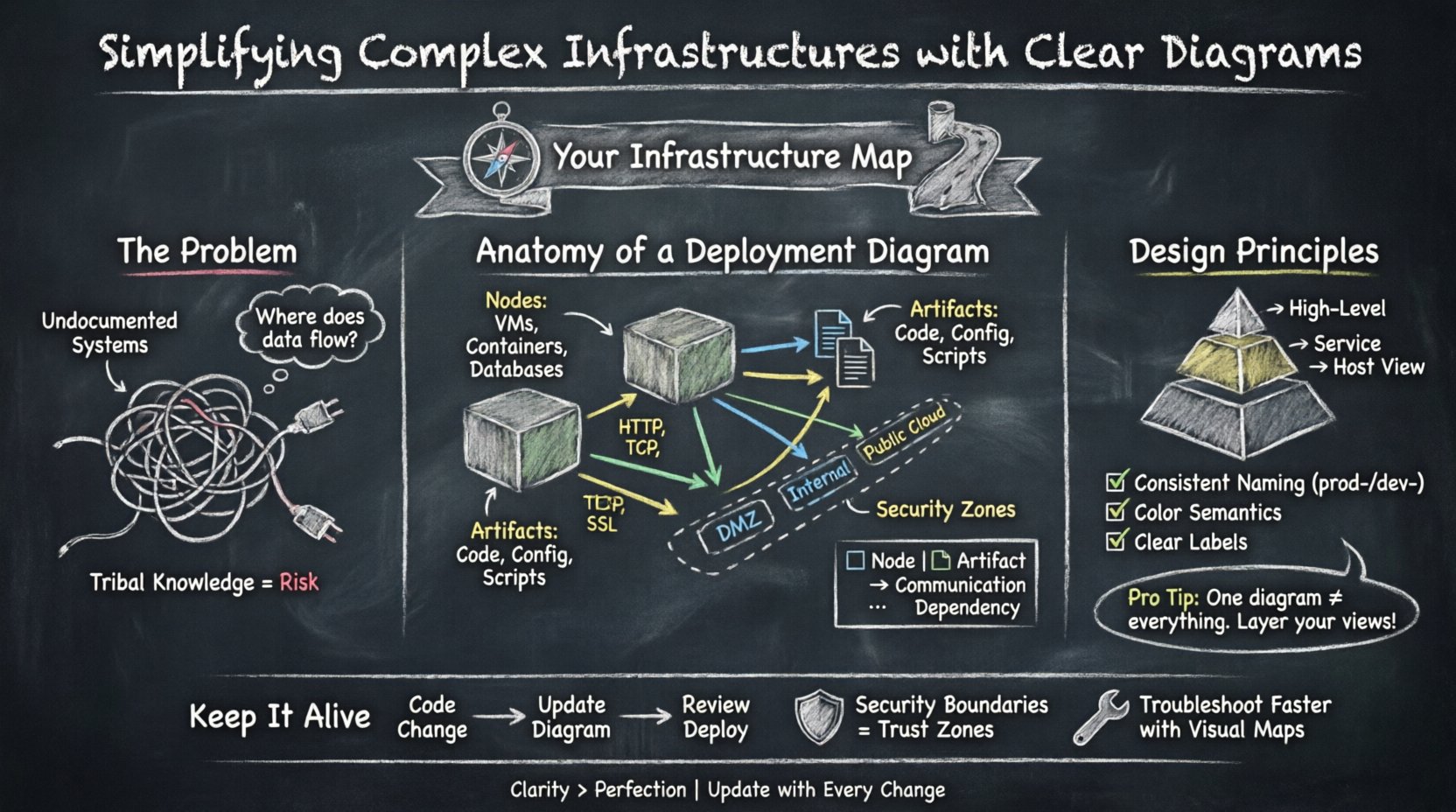 Chalkboard-style educational infographic showing how to simplify complex IT infrastructure with clear deployment diagrams, featuring hand-drawn nodes, artifacts, communication paths, security zones, and design principles for team collaboration and troubleshooting