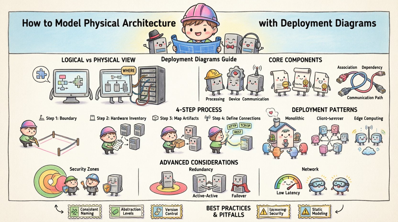 Chibi-style infographic guide: How to Model Physical Architecture with Deployment Diagrams - illustrating logical vs physical views, core components (nodes, artifacts, connections), 4-step modeling process, deployment patterns (monolithic, client-server, microservices, edge computing), security zones, redundancy strategies, and best practices for software infrastructure design