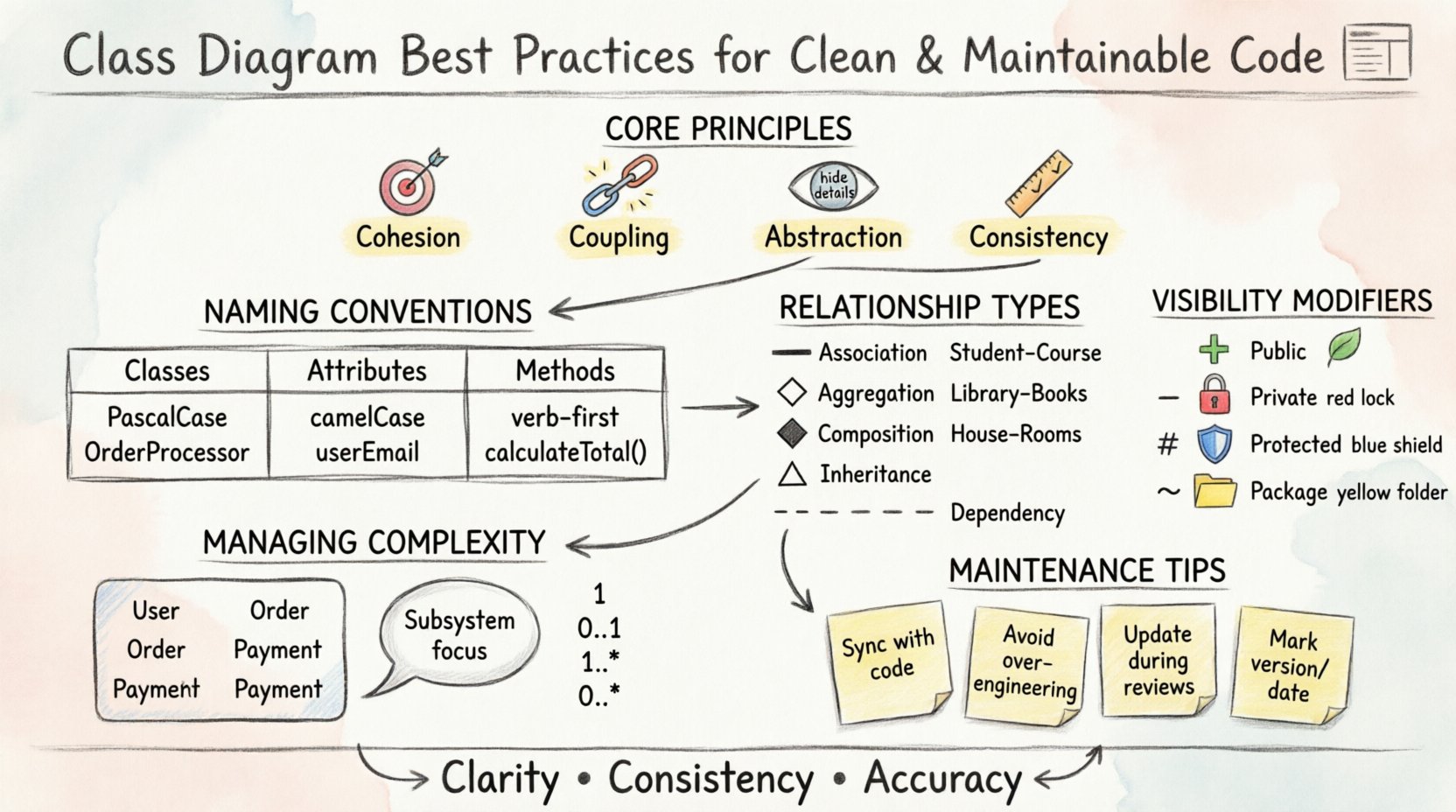 Hand-drawn infographic summarizing UML class diagram best practices for clean maintainable code, covering core principles like cohesion and coupling, naming conventions with PascalCase and camelCase, relationship types with UML symbols, visibility modifiers, package organization strategies, and maintenance tips for keeping diagrams synchronized with code
