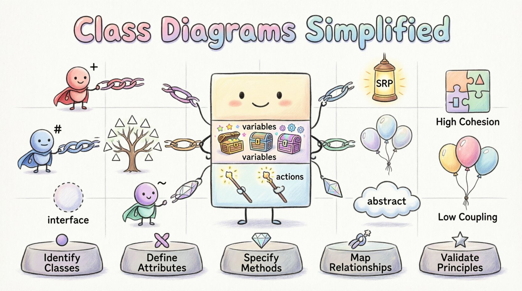 Whimsical infographic summarizing UML class diagrams: three-compartment class structure with name, attributes, and methods; visibility modifiers (+, -, #, ~); relationship types including association, dependency, inheritance, aggregation, and composition; plus design principles like SRP and encapsulation, presented in playful cartoon style with pastel colors