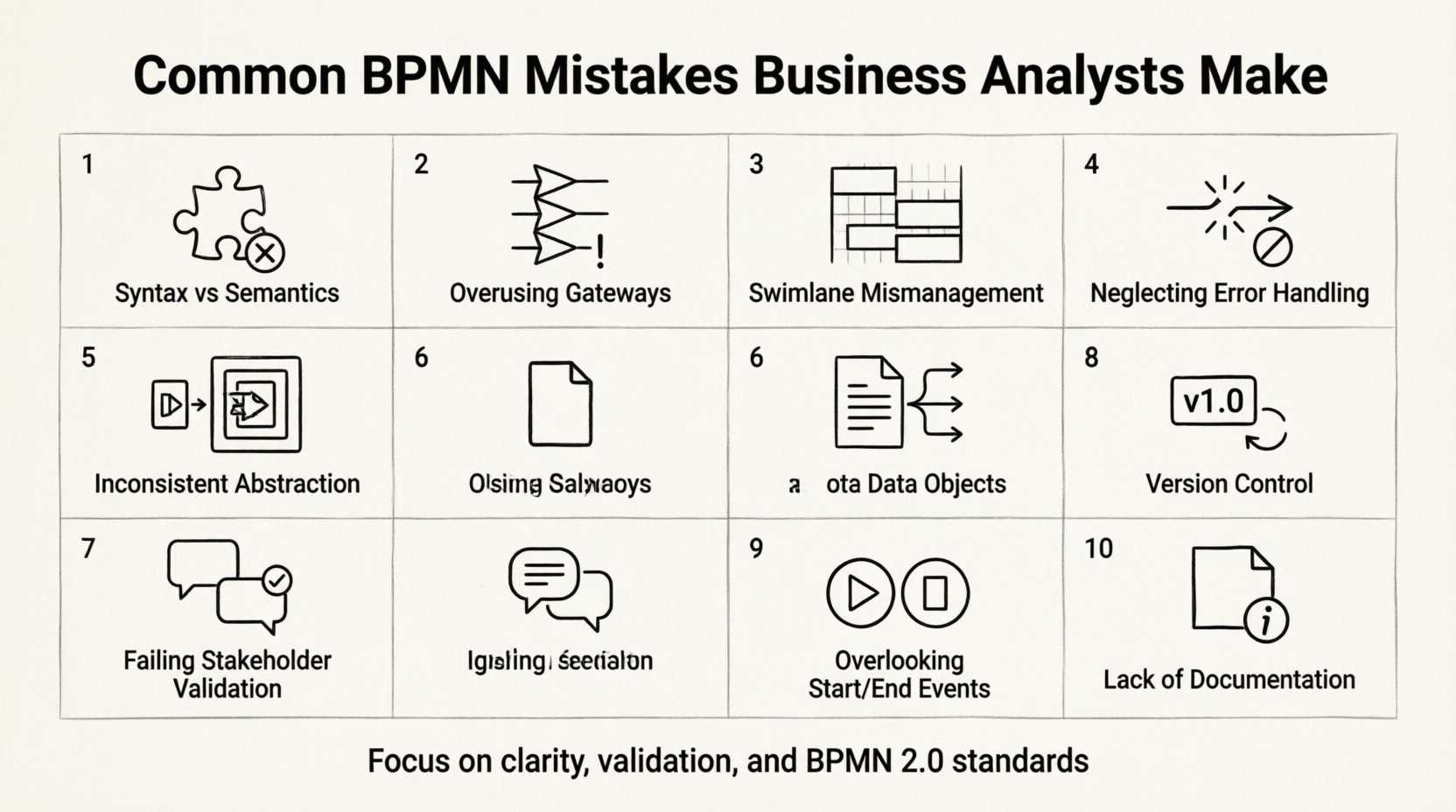 Line art infographic in 16:9 format summarizing 10 common BPMN mistakes business analysts make: confusing syntax with semantics, overusing gateways, swimlane mismanagement, neglecting error handling, inconsistent abstraction levels, ignoring data objects, failing stakeholder validation, poor version control, unclear start/end events, and missing contextual documentation - with minimalist icons and BPMN 2.0 best practices guidance