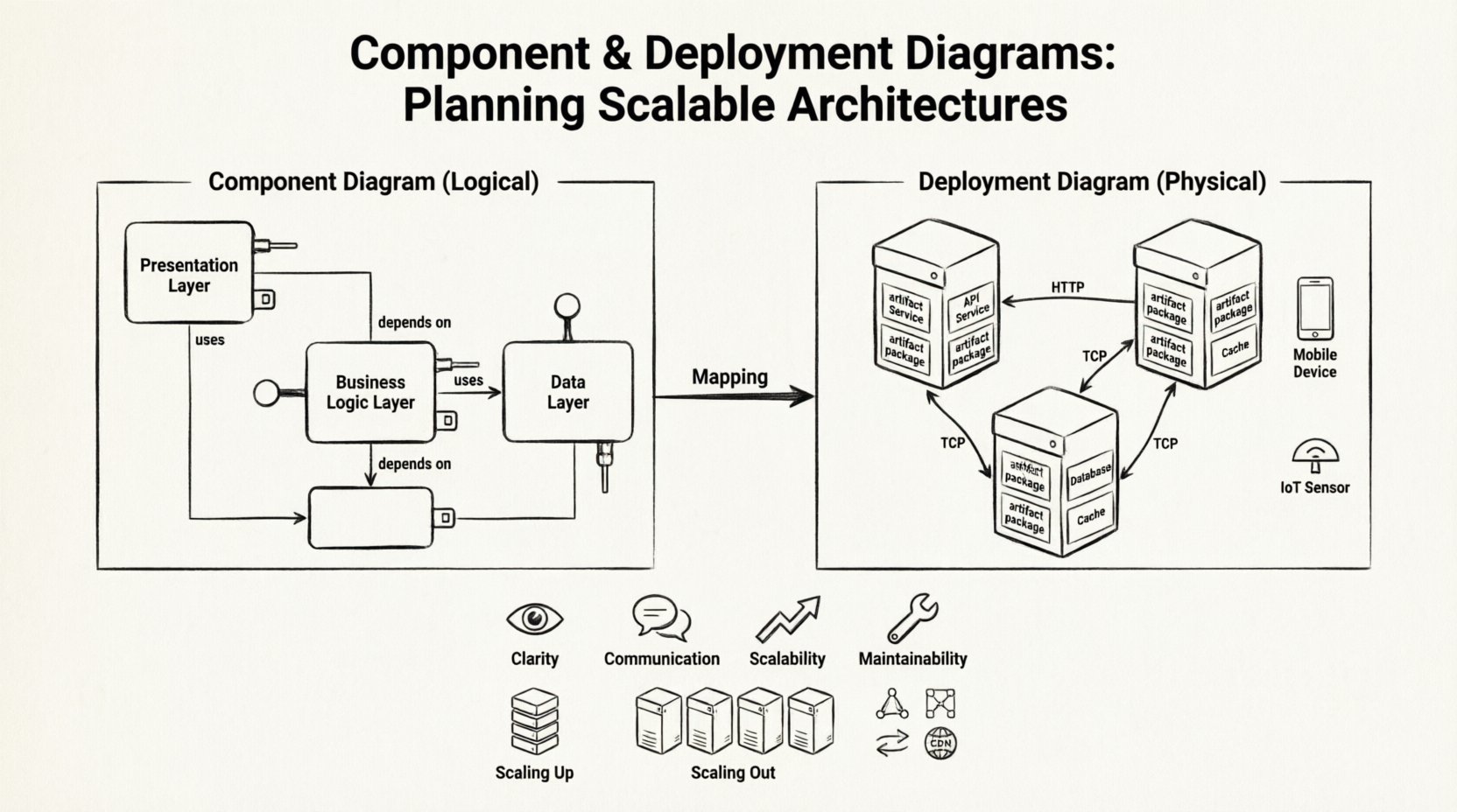Line art infographic illustrating UML component and deployment diagrams for scalable system architecture, showing logical software components with interfaces and dependencies alongside physical infrastructure nodes with artifacts and communication paths, plus scaling strategies including vertical/horizontal scaling, load balancing, microservices, and CDN patterns
