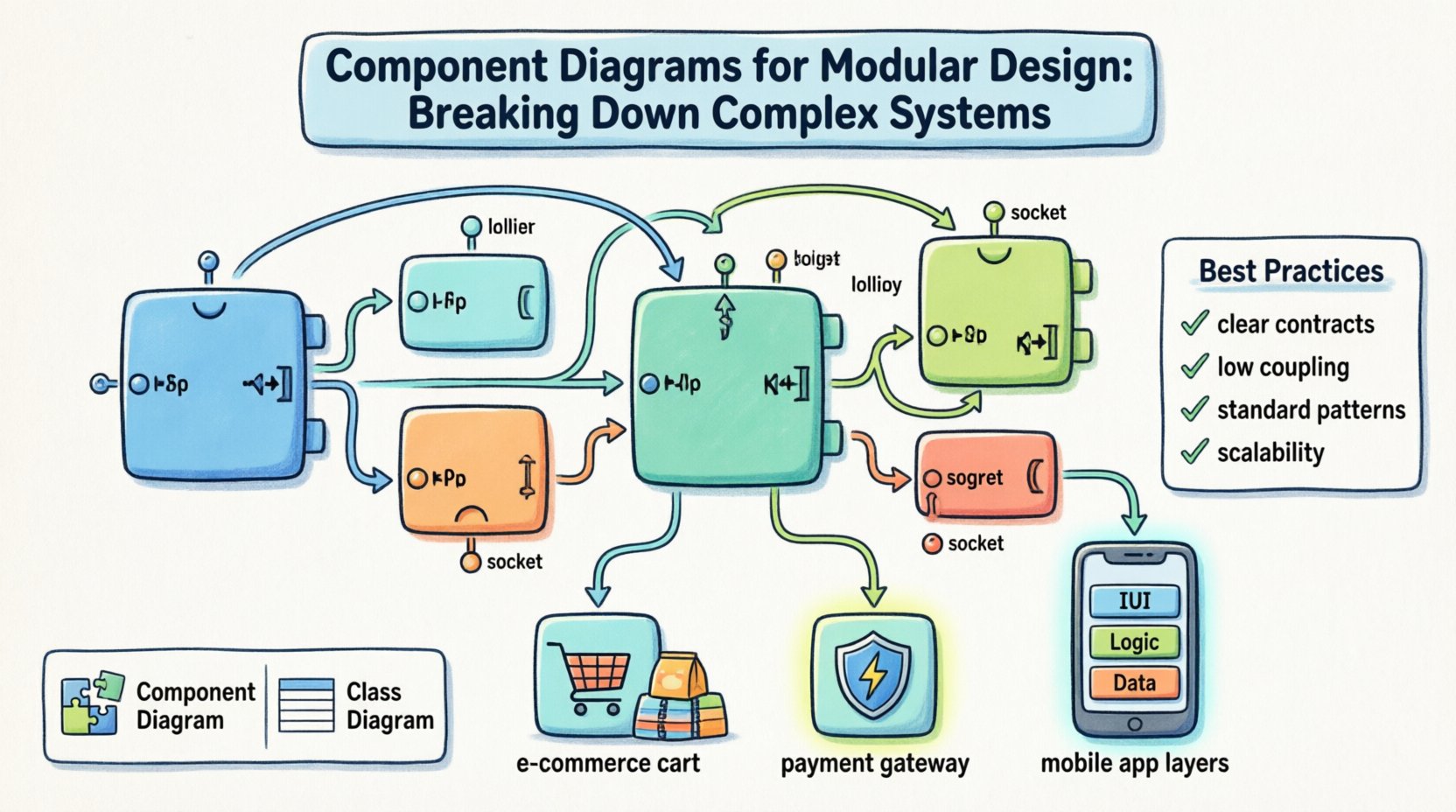 Cartoon-style infographic illustrating component diagrams for modular design, showing UML component boxes with lollipop and socket interfaces, connectors between modules, key benefits like maintainability and parallel development, best practices checklist, and real-world examples for breaking down complex software systems into reusable components