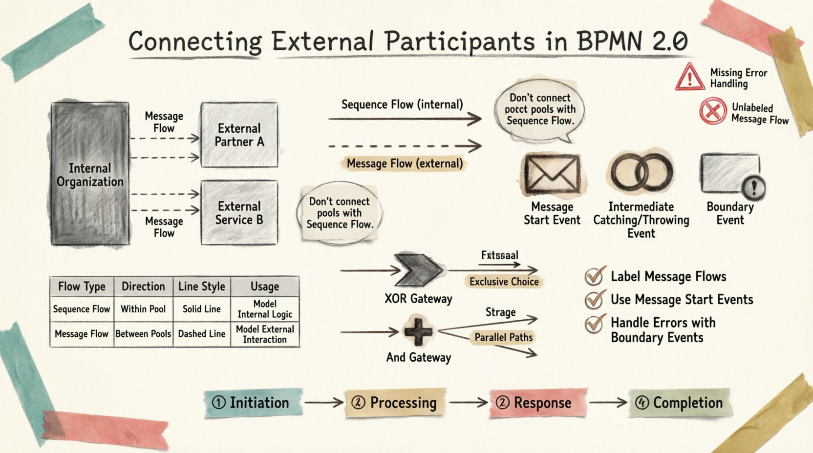 Infographic in stamp and washi tape style summarizing BPMN 2.0 techniques for connecting external participants: illustrates pool boundaries, message flows versus sequence flows, event types including message start and boundary events, XOR and AND gateways, asynchronous handling, data payloads, and best practices checklist for modeling external interactions in business process workflows