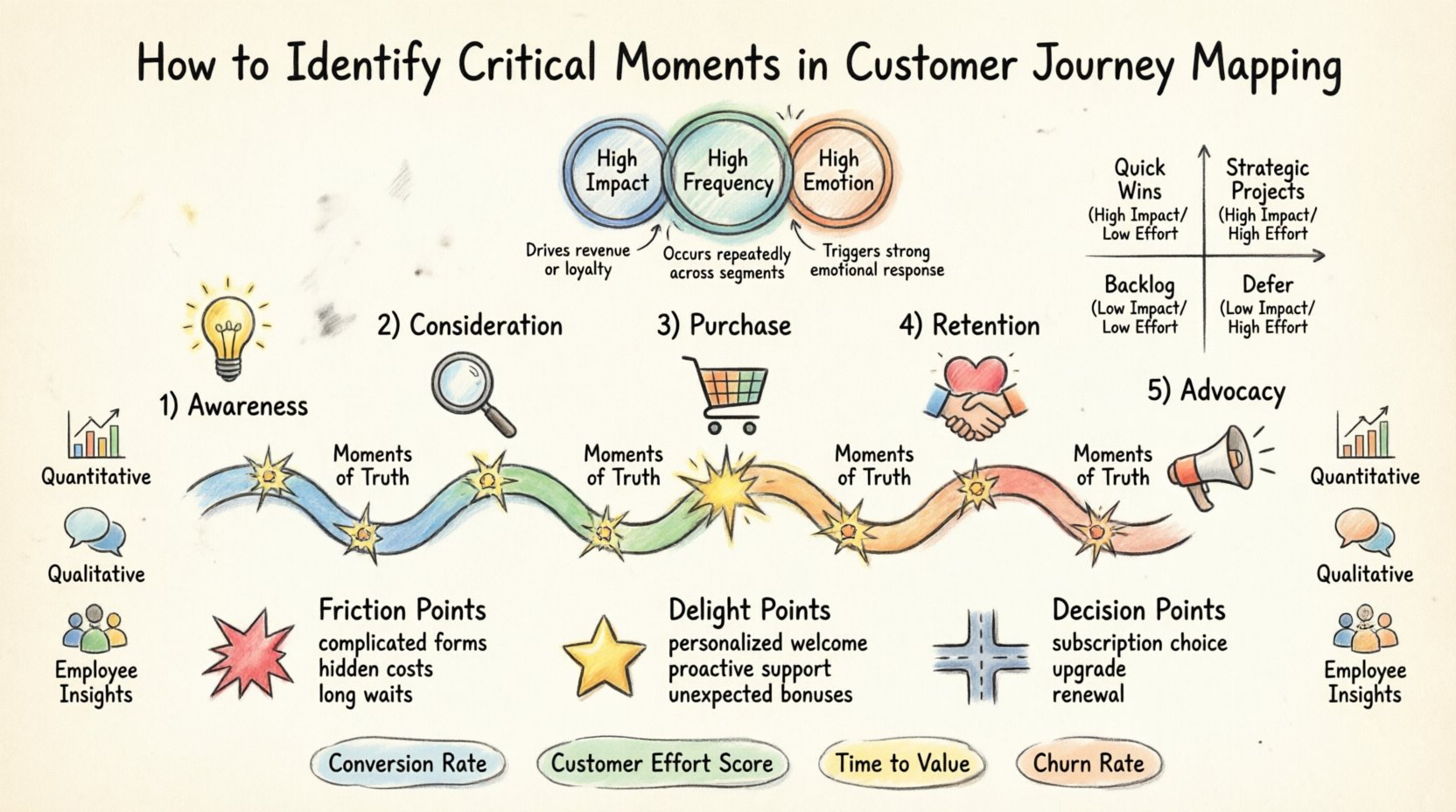 Hand-drawn infographic guide showing how to identify critical moments in customer journey mapping for maximum impact, featuring the five journey stages (awareness, consideration, purchase, retention, advocacy), three evaluation lenses (high impact, high frequency, high emotion), impact-vs-effort prioritization matrix, and visual breakdown of friction points, delight points, and decision points with key identification methods and KPIs for customer experience optimization