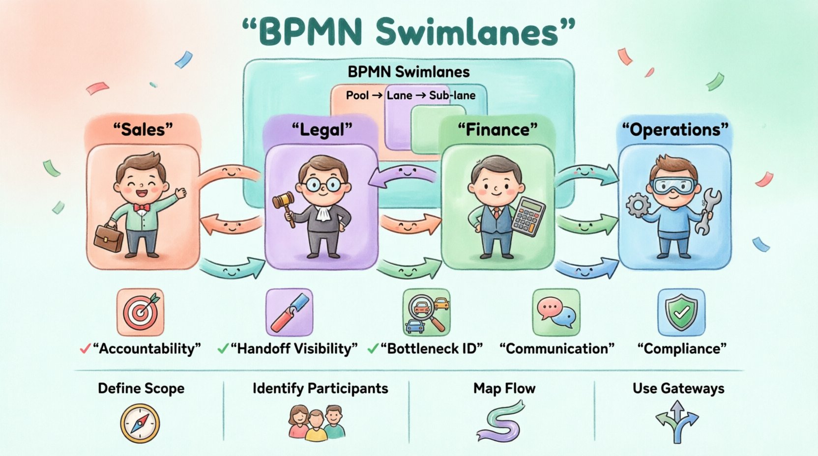 Whimsical infographic illustrating cross-functional process modeling with BPMN swimlane diagrams, featuring colorful horizontal lanes for Sales, Legal, Finance, and Operations departments with friendly cartoon characters, workflow arrows showing handoffs, and visual badges highlighting key benefits: accountability, handoff visibility, bottleneck identification, team communication, and regulatory compliance